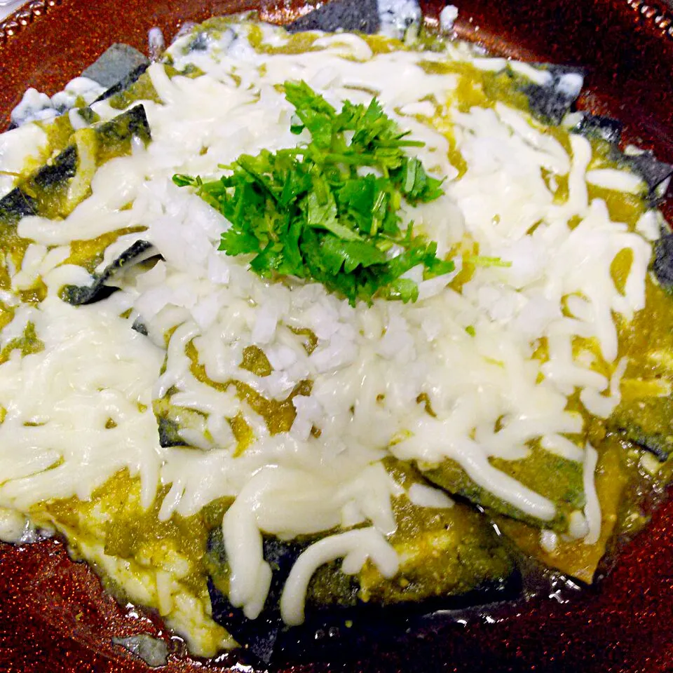 Spicy green chilaquiles topped with cheese and cilantro. I used black, green and regular corn tortillas ..|Chef-Jonathan TRさん