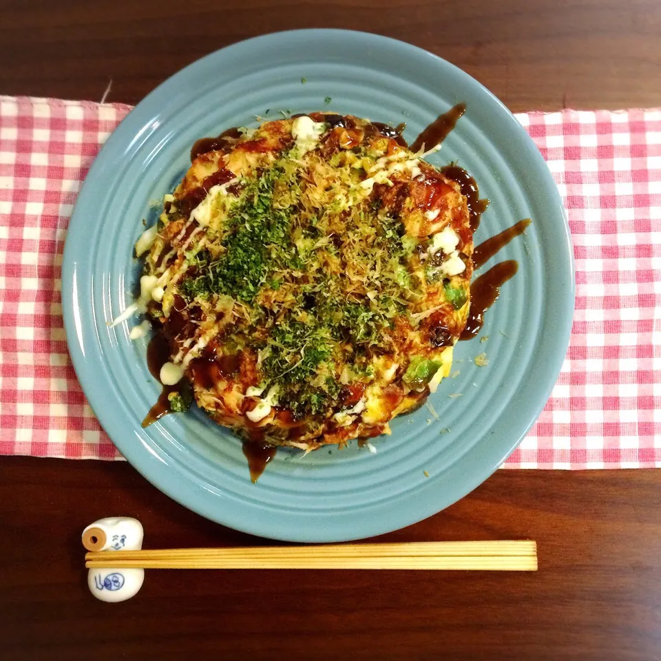 ゴーヤ、なす、ピーマン、白菜、ささみを長芋と卵でお好み焼き風味！めんつゆと紅生姜がキモです。|yukko7740さん