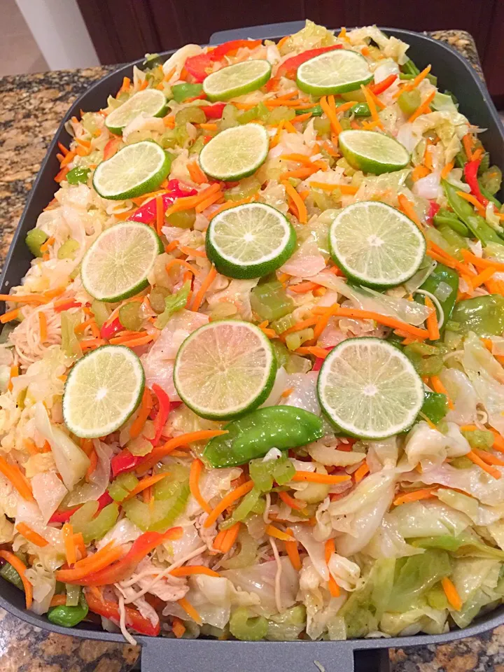 Snapdishの料理写真:Philippine "pancit-bihon" stir-fried noodles with shredded chicken meat, Italian turkey sausages and mixed veggies.|Alma's Home Kitchenさん