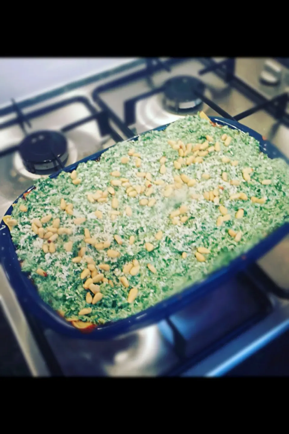 Vegetarian dinner - My Bf's sister's four-vegetable lasagne, topped with spinach, ricotta and pine nuts! ❤️❤️💕💋|🍓Jolejo🍓さん