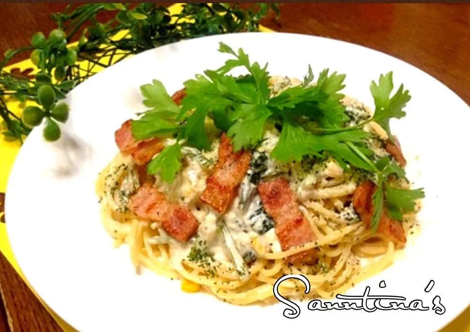 ✨Spaghetti with creamy cheese sauce😋クリーミーチーズソーススパゲッティ✨ソースにとうろこしのおいしいひげ茶...美味しいです✨|🌺Sanntina🌺さん