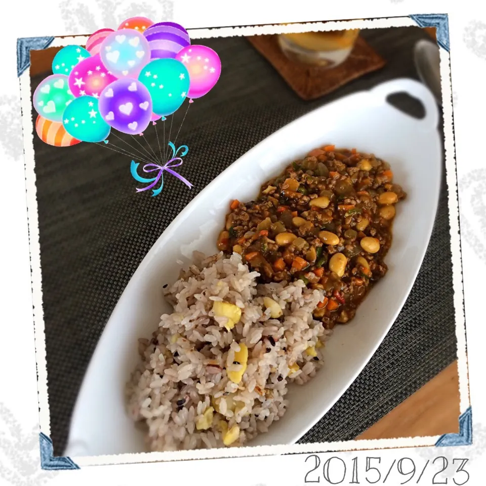 Snapdishの料理写真:キーマカレー 雑穀入り栗ごはん|𓇼 Ⓢ Ⓗ Ⓘ Ⓝ Ⓞ Ⓑ Ⓤ 𓇼さん