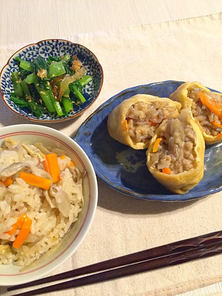巾着煮、炊込みご飯、胡麻和え|わきさん