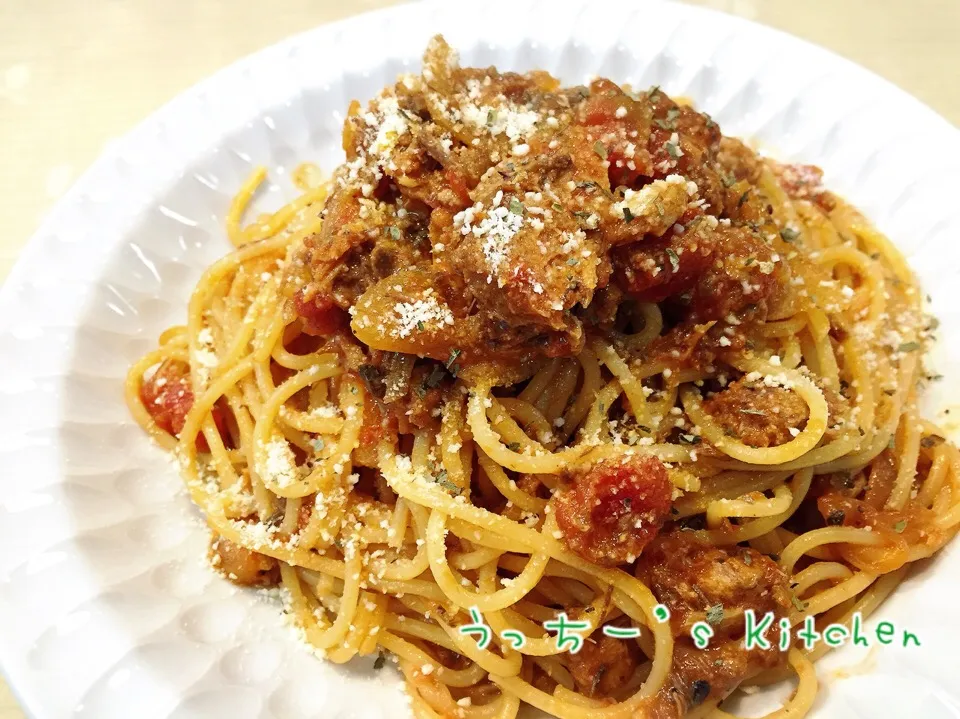 サバ味噌のトマト煮〜からのボロネーゼ風パスタ♪|うっちーさん