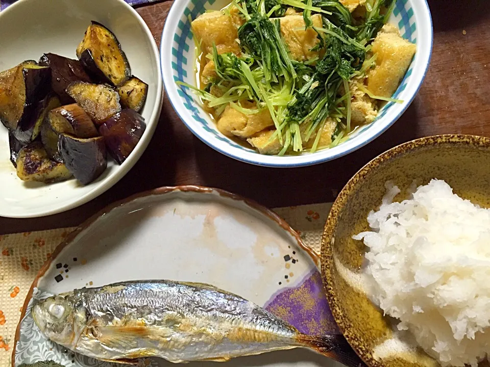 鯵の塩焼き 茄子の焼き浸し 水菜と揚げの煮浸し 大根おろし|掛谷節子さん