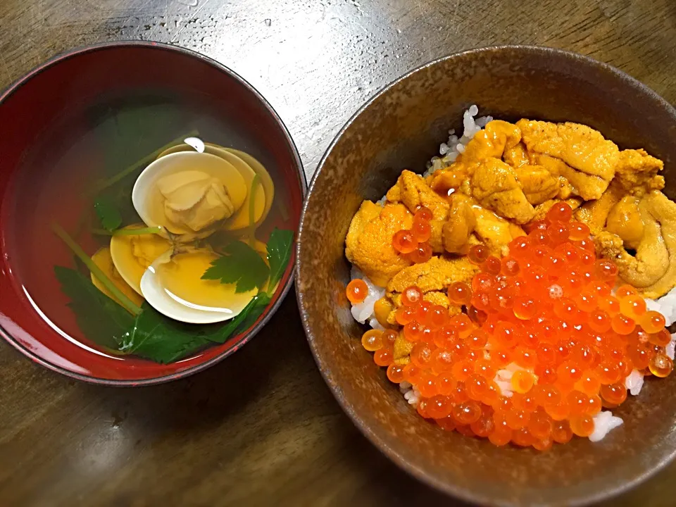 アメ横で仕入れたウニいくら丼&蛤のお吸い物|メリメロさん