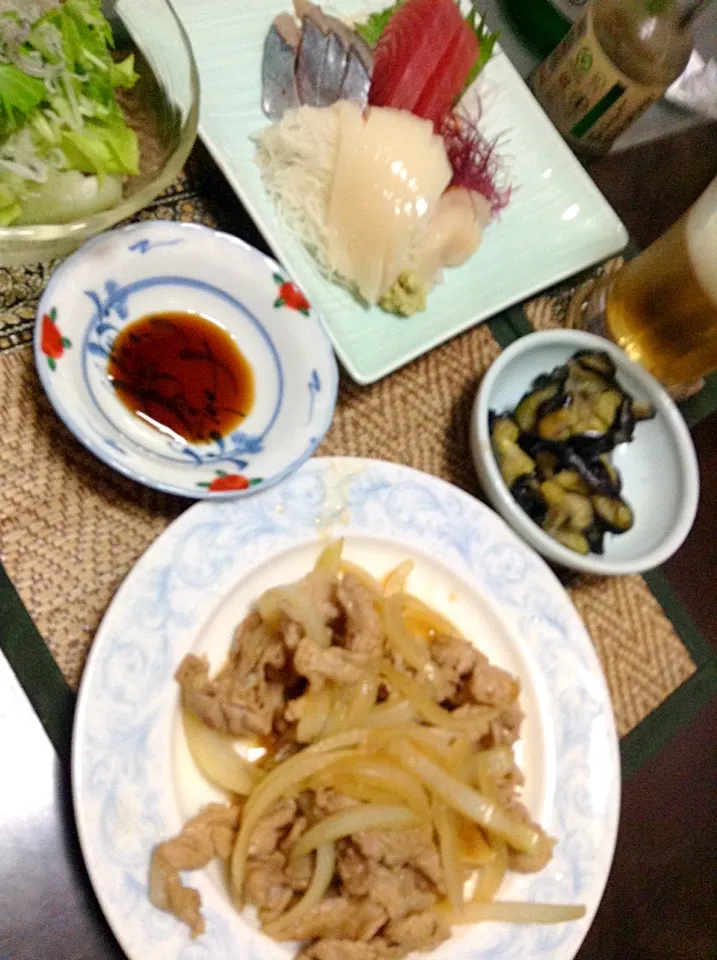 お刺身＆水菜サラダ＆茄子のワサビ漬け＆豚肉のバタポン|まぐろさん