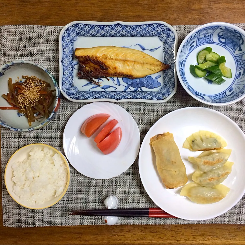 27.9.23 鯖の塩焼き、餃子、春巻き、きんぴらごぼう、きゅうり、トマト、ご飯|ponhoppelさん