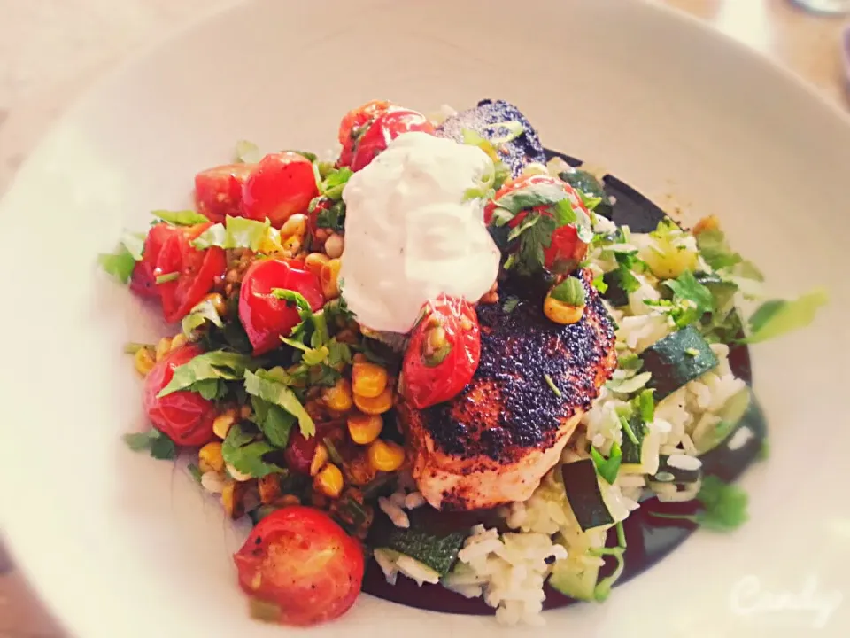 #BlueApron Blackened Chile-Dusted Chicken with Zucchini Rice & Corn-Tomato Sauté|Courtney Alizabet Riess Handelさん