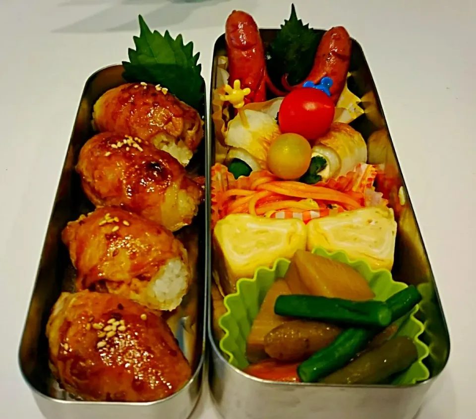 中学男子のお弁当🍱肉巻きおにぎり&『ソーセー人』|らんちゃんさん