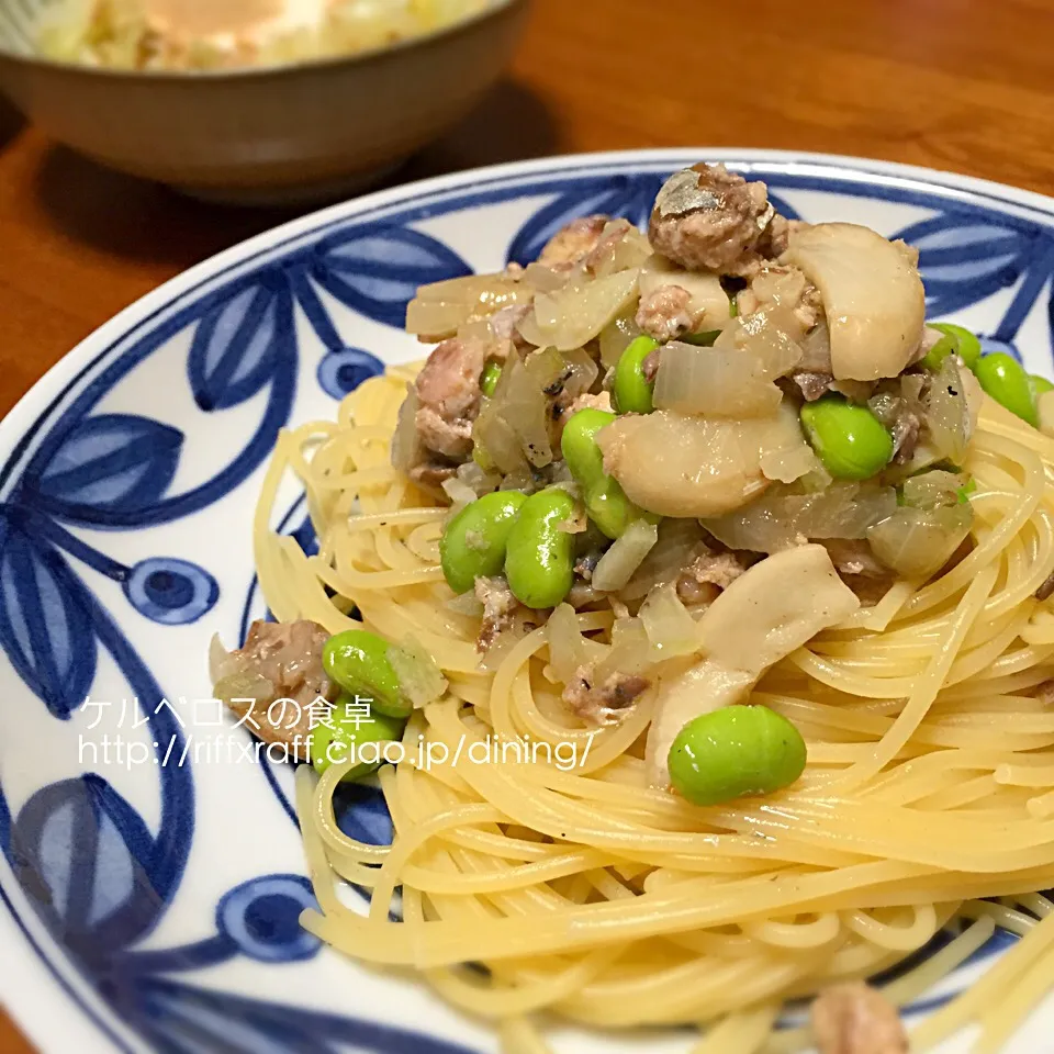 昆布茶で作る鯖と枝豆とエリンギの和風スパゲッティ|門乃ケルコさん