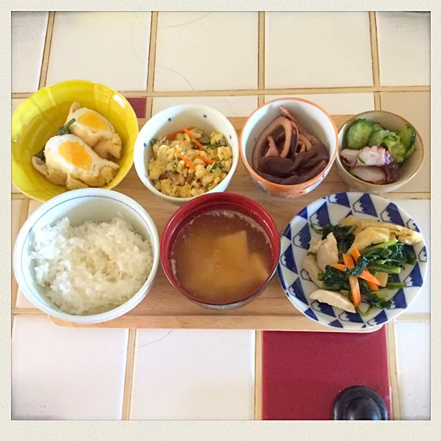 白米☆お味噌汁☆小松菜と薄揚げの煮浸し☆きゅうりとタコの酢の物☆イカとこんにゃくの煮物☆炒り豆腐☆あぶ玉煮꒰ ♡´∀`♡ ꒱|とまこ(*^o^*)さん