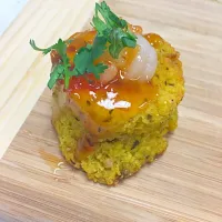 Curried Cous Cous patte .... Garlic Lime Shrimp , Topped with sweet chili jam !|Chef Allenさん