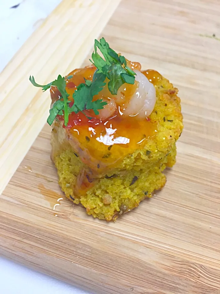 Curried Cous Cous patte .... Garlic Lime Shrimp , Topped with sweet chili jam !|Chef Allenさん