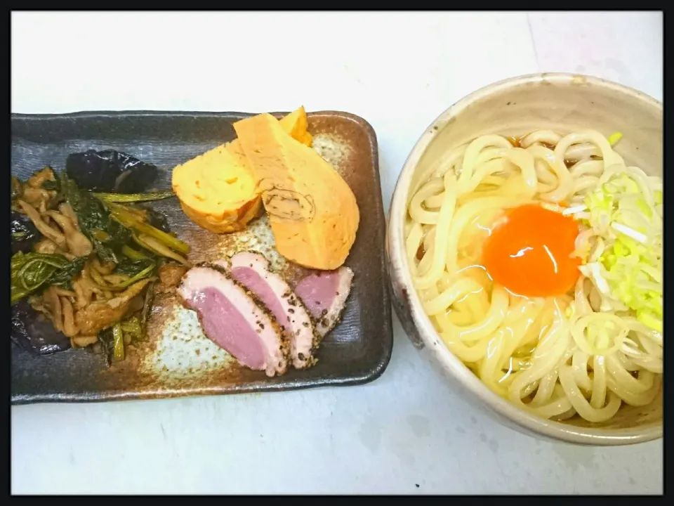 香川県 日の出製麺所のうどんで釜玉☆ ＆ 卵焼き、ナスときのこの南蛮炒め煮、鴨のパストラミ|misaさん