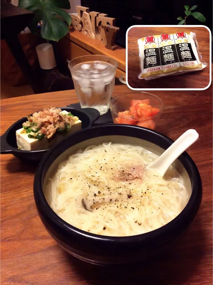 残りモノ 鶏肉と大根の生姜スープで白石温麺(うーめん)、トマトマリネ、冷奴 すりおろし生姜&きゅうりトッピング 2015.9.25|キラ姫さん