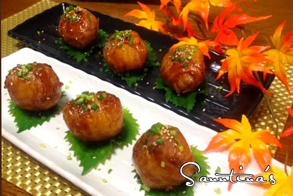 Snapdishの料理写真:🍁Rice balls wrapped in thinly-sliced pork meat,fried & seasoned with teriyaki sauce😋ポーク巻き巻きライスボール(おにぎり)🍙🍁✨|🌺Sanntina🌺さん