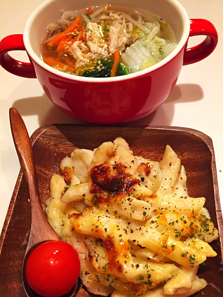 ♡野菜たっぷりんあったか鶏soup＆チーズたっぷりんﾏｶﾛﾆｸﾞﾗﾀﾝ(๑´ڡ`๑)ﾃﾍﾍﾟﾛ♡|マシューさん