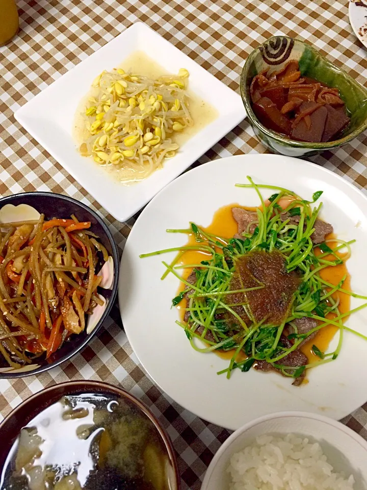 もやしのナムル💗きんぴらごぼう💗どて煮💗豆苗と牛肉のおろしソテー|☆光るさん