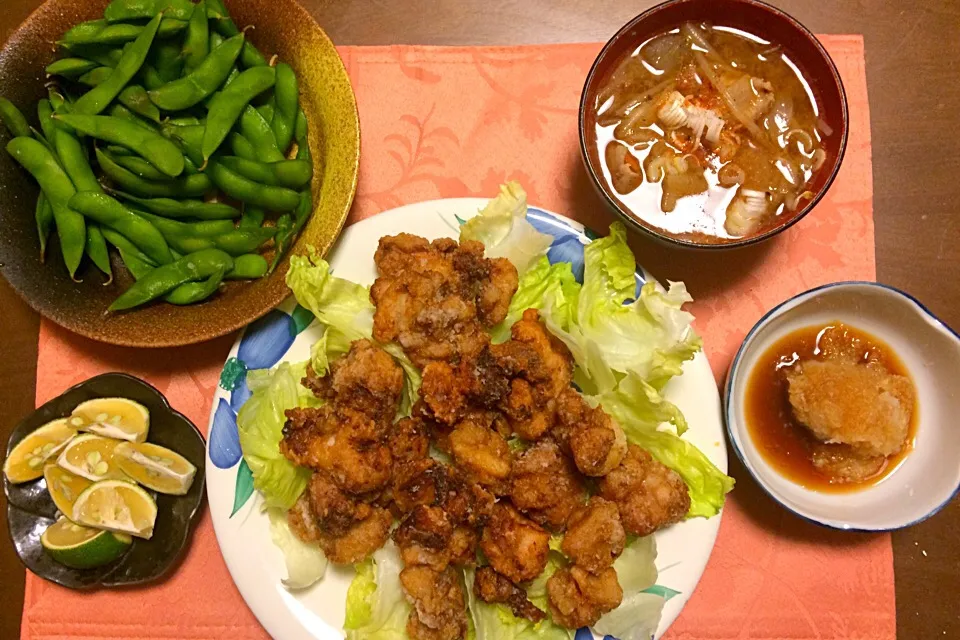 唐揚げ&おろしポン酢 豚汁 枝豆|Junko Tominagaさん