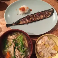 秋刀魚塩焼き キノコ汁 栗ご飯|tkさん