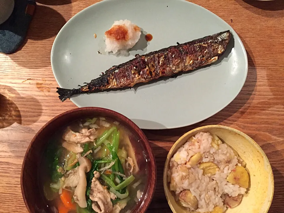 秋刀魚塩焼き キノコ汁 栗ご飯|tkさん