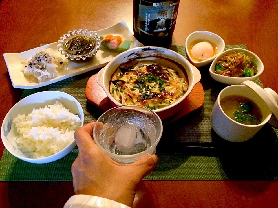 Today's Dinner🍴前菜･鱈の山芋と葱のｸﾞﾗﾀﾝ･温泉卵･ｵｸﾗ納豆･白飯･玉ねぎのお味噌汁|🌈Ami🍻さん