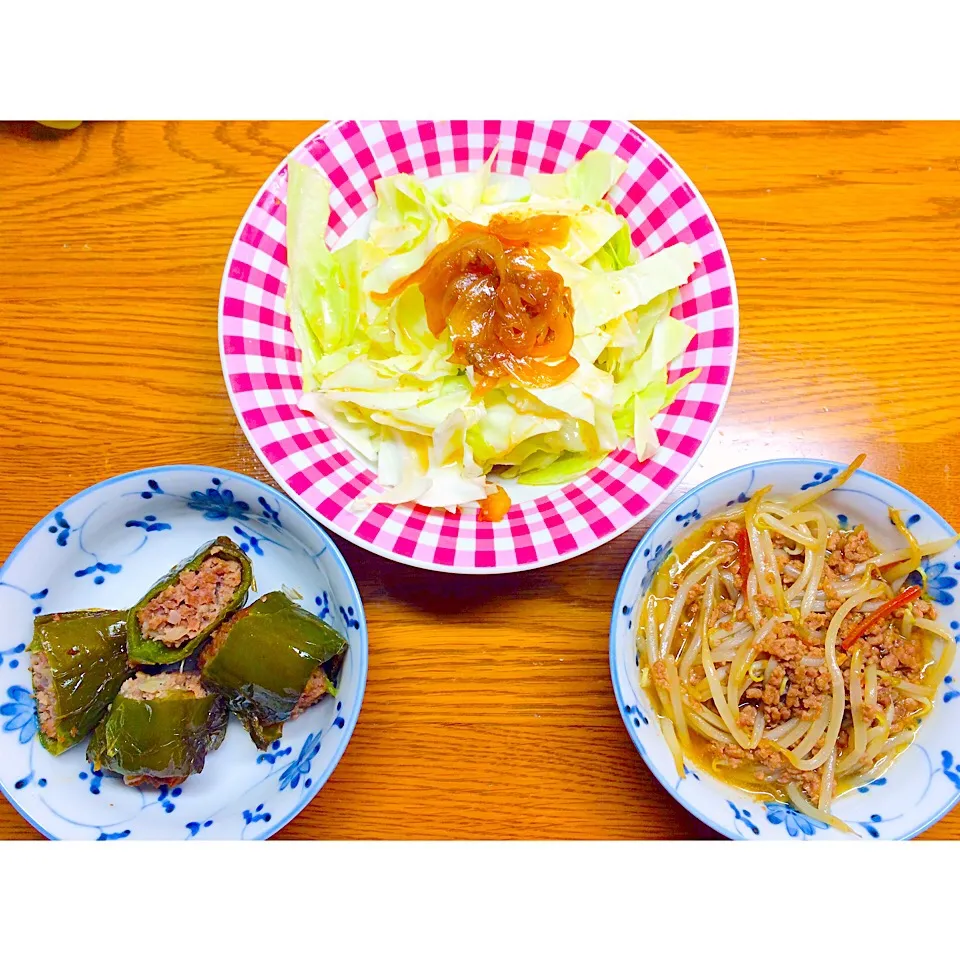 ピーマンの肉詰めの甘辛煮、もやしとひき肉のにんにく味噌炒め、キャベツのﾁｮﾚｷﾞ風|Misaさん