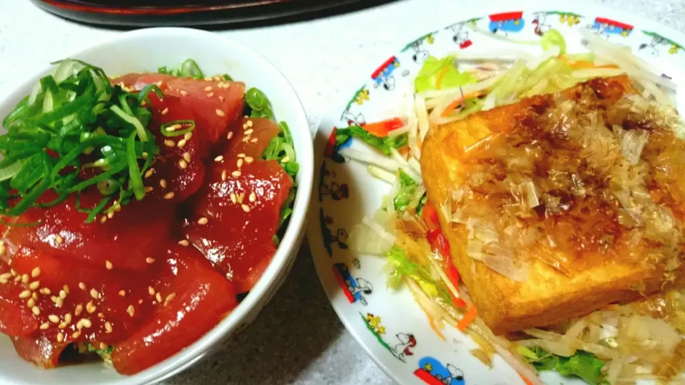 マグロの漬け丼と厚揚げ焼きー*\(*´ω｀*)/*|あまねさん