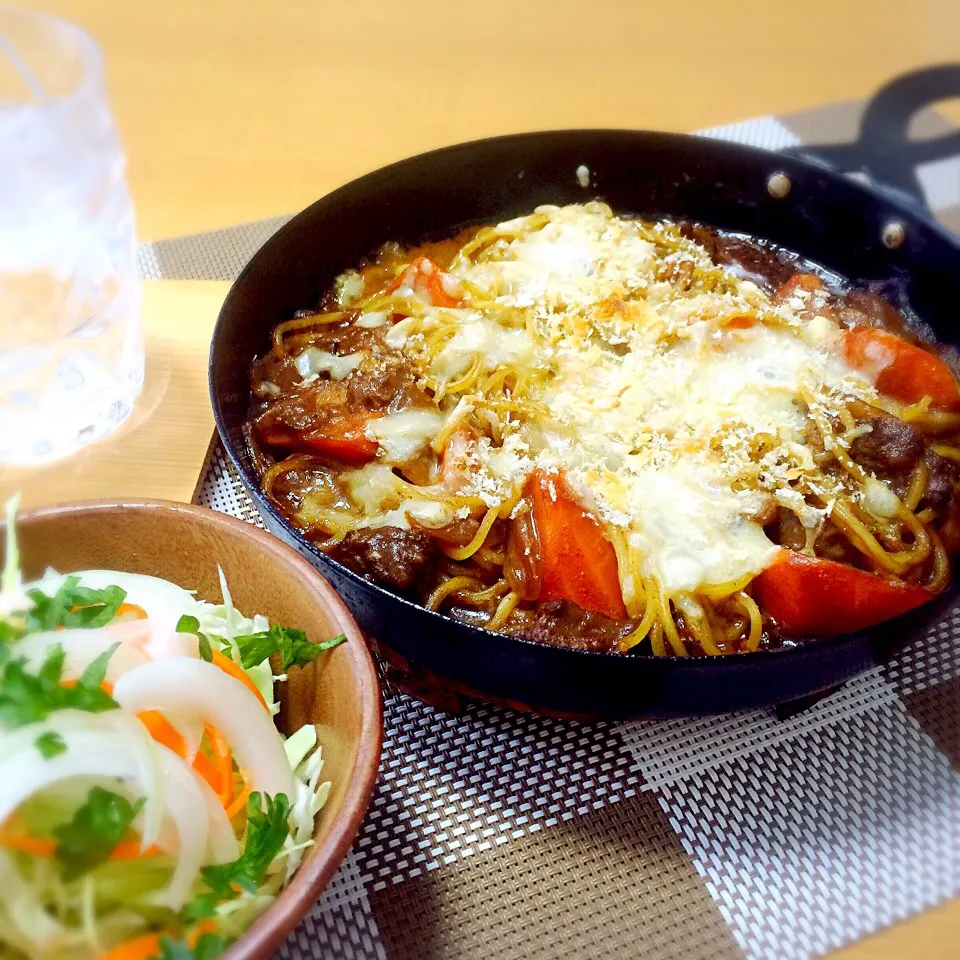 昨日のカレーで「焼きカレーパスタ」|ポンポコたまこさん