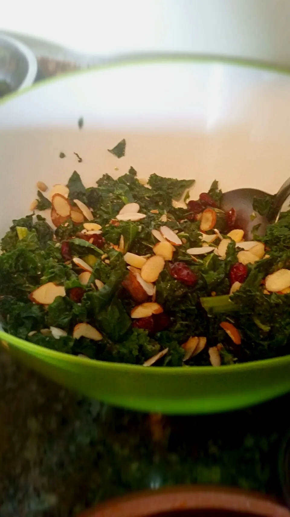 Snapdishの料理写真:sauté kale, oven roasted garlic and mushroom with sweetened cranberry, roasted non salted almond halves and sunflower seeds drizzled with brags apple cider vine|Natalis Nat-alease Valdesさん