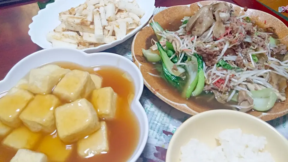 Snapdishの料理写真:揚げ出し豆腐☆野菜と挽き肉の中華炒め山芋短冊|みぽりんさん