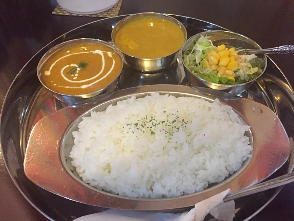 インドチキンカレー及び、えびとじゃがいものサンバルカレー|麦汁さん