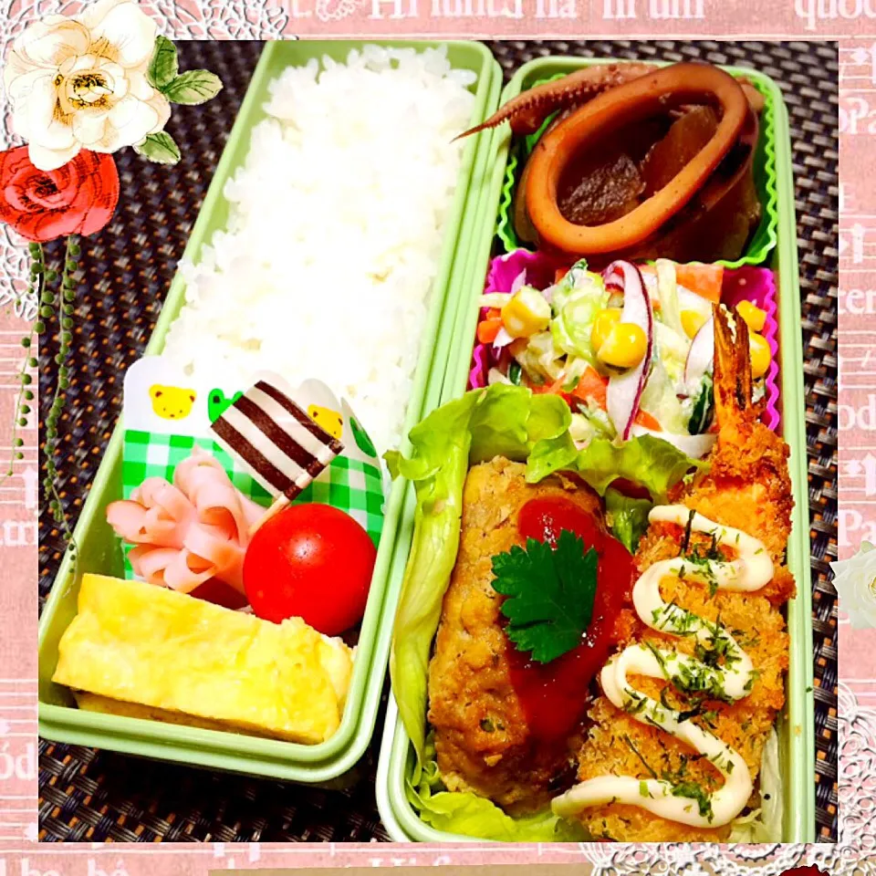 Snapdishの料理写真:今日のお弁当10/1♡ハンバーグ・エビフライ…(*^^*)|ばろんさん