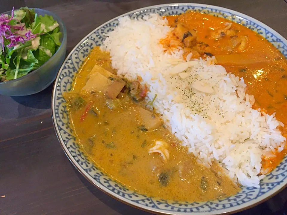 加齢臭を振り撒く華麗戦争、まだネタが有りましたわ😀
タイのグリーンカレーとレッドカレーの相掛けで御座いますわ🍛
このお店のレッドカレーは、多少辛口だっけど、なかなかグッドで御座いましたわ😄
さぁ…いよいよ加齢ネタが尽きてきました💧|にゃあ（芸名）さん