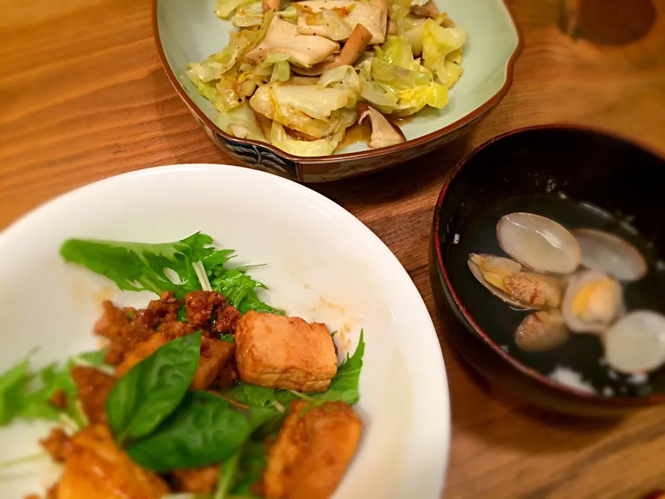 厚揚げのオイスターソース丼
野菜炒め
あさりのお吸い物|Tomomiさん