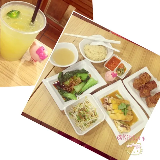 🍋Calamansi Juice🍸
🌿Oyster sauce Xiao Bai Cai🍀
Ipoh Prawn Roll🍤
            ➕
One Person set S$8.50：
🐔Chicken Rice🍚
🏡Kampong chicken 🐓
Ipoh bean sprouts 🌱|🎀Kittyna🌸さん