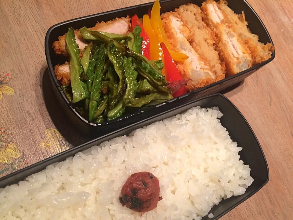 半分手作り弁当
#デパ地下まい泉のカツとコロッケ
#パプリカマリネ
#ゴーヤ炒め|おゆさん