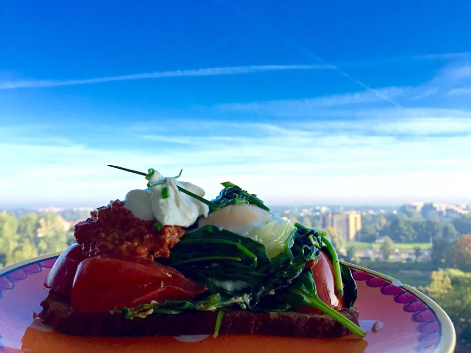 Baked Eggs. Spinach. Tomato. Yoghurt. Muhammara Dip. Chives. Spelt Bread.|Safiraさん