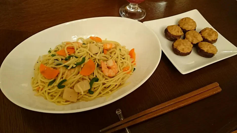 海鮮塩焼きそば、椎茸のツナマヨチーズ焼き|アンジェさん