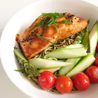 Miso glazed salmon, matcha soba, roasted asparagus and tomatoes