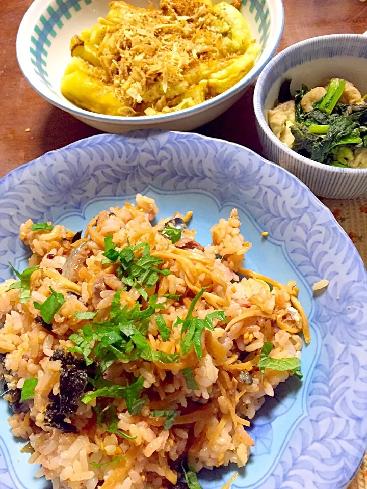 秋刀魚の混ぜごはん 揚げと青菜の煮浸し 茄子の煮浸し|掛谷節子さん