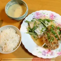 シャキふわれんこんつくね〜きのこあんかけ〜 / 塩こうじドレッシングサラダ / かぼちゃの豆乳スープ|まえてぃさん