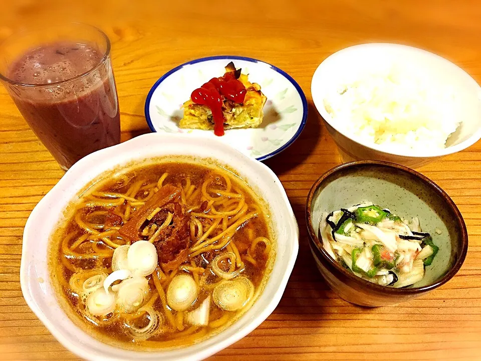 Snapdishの料理写真:冷凍の徳島ラーメン（東大）、長芋、オクラ、梅干し、ポン酢、のりの和えもの、ぶどうとヨーグルト、はちみつの、飲むヨーグルト。|pepiさん