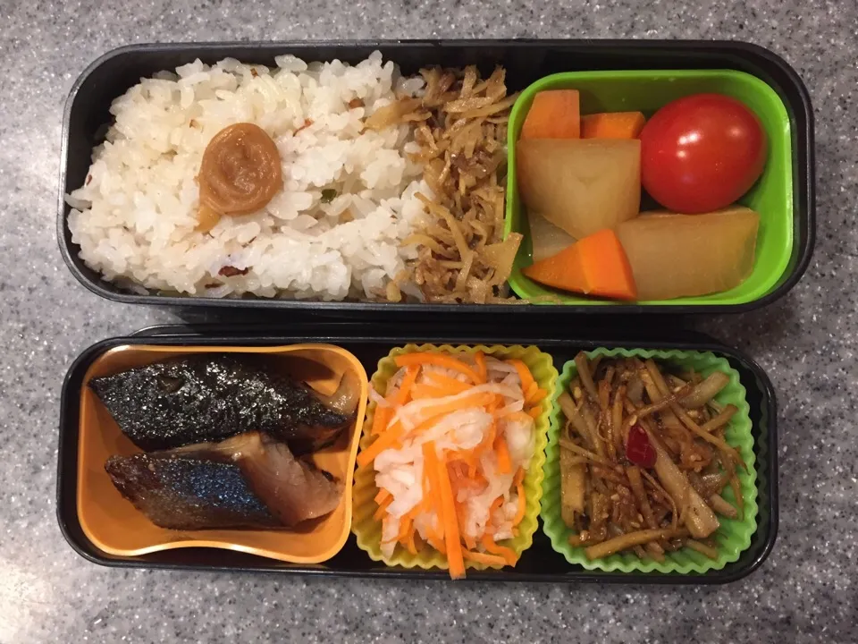 今日のお弁当
・魚の西京漬
・なます
・きんぴらごぼう
・野菜の煮物とトマト
・生姜の佃煮|herbalkidsさん