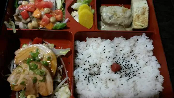 fish cake with curry cream sauce, hame and bean salad, Japanese pickles ,rice,miso soup|CHUENCHAIさん