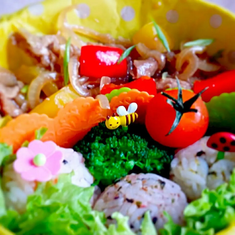 Snapdishの料理写真:simple Wednesday bento - sliced beef with coloured rice balls|Chua Jeanさん