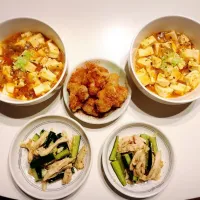 麻婆豆腐・から揚げ・蒸し鶏ときゅうりの中華風サラダ|なーなさん