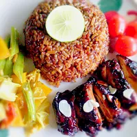 Almond Chicken Teriyaki w| Oyster Fried Rice & Curried Pumpkin Veggies Platter√