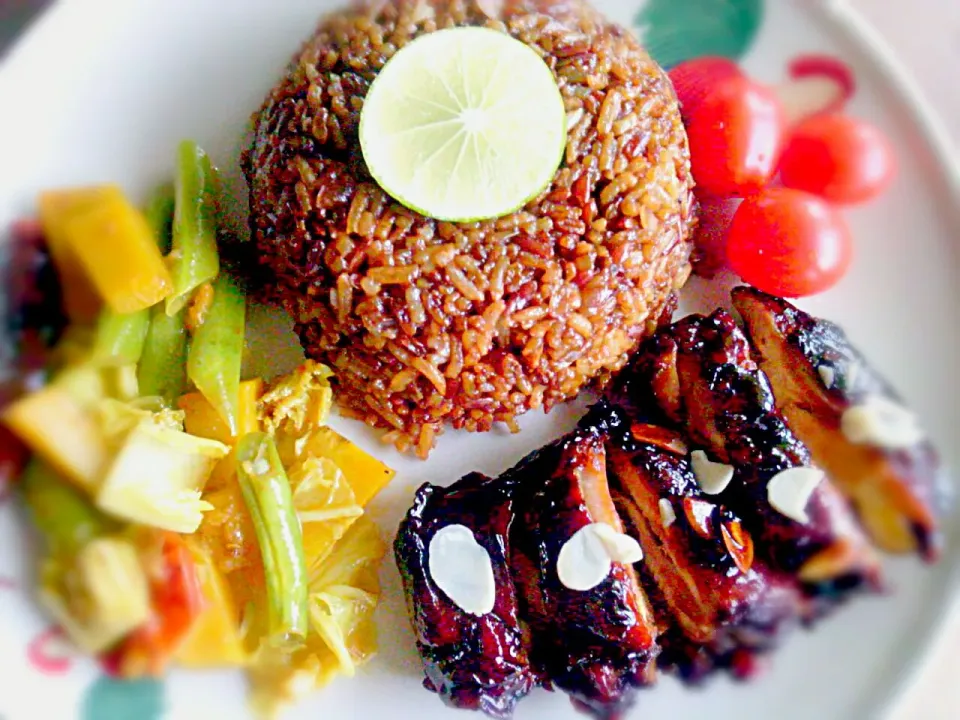 Almond Chicken Teriyaki w| Oyster Fried Rice & Curried Pumpkin Veggies Platter√|🌼 Pooja's Kitchenette 🌼さん